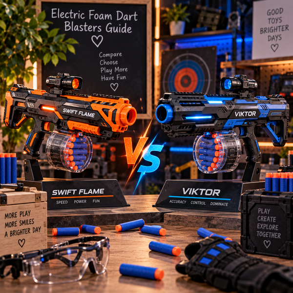 Two electric foam dart blasters compared in a cinematic toy workshop scene