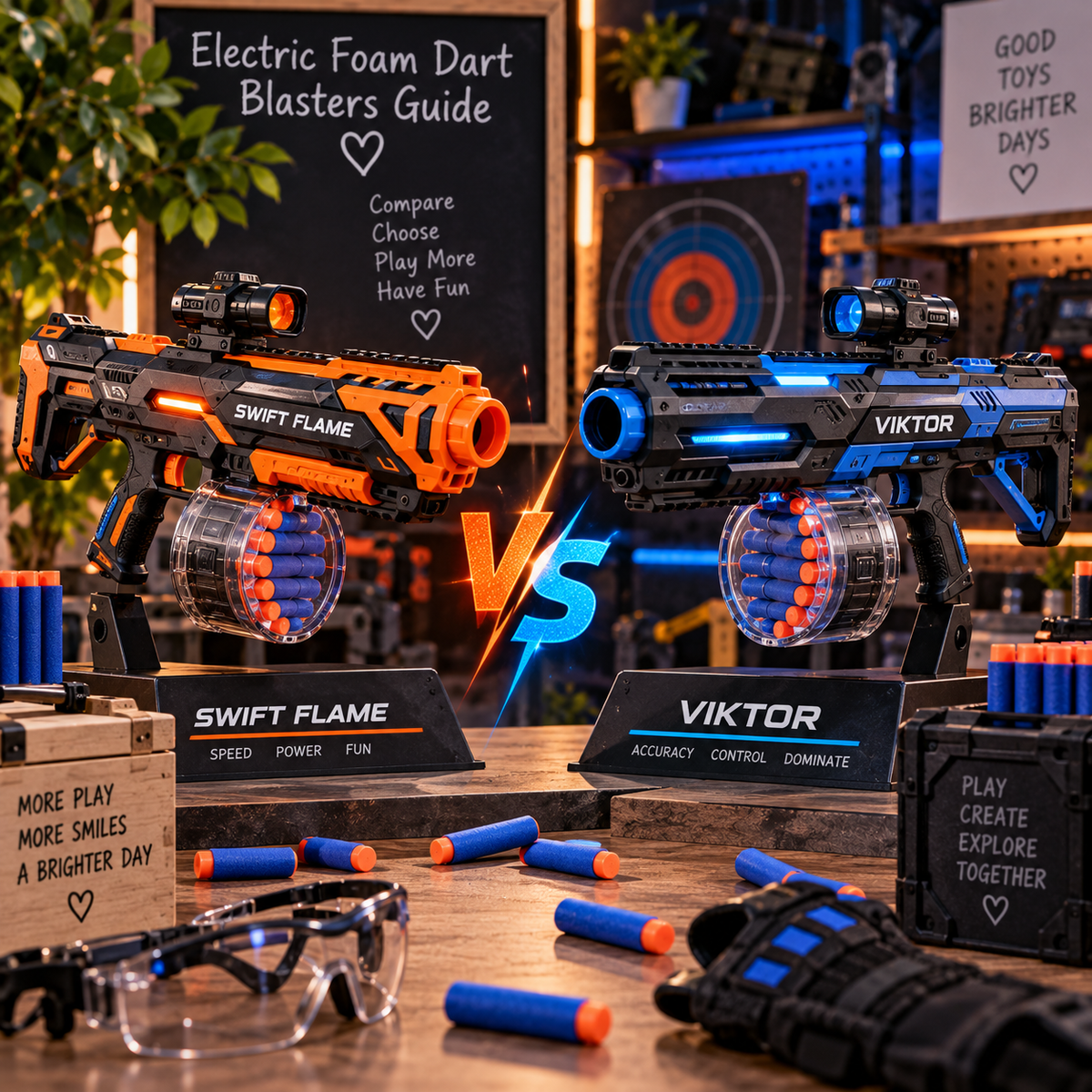 Two electric foam dart blasters compared in a cinematic toy workshop scene