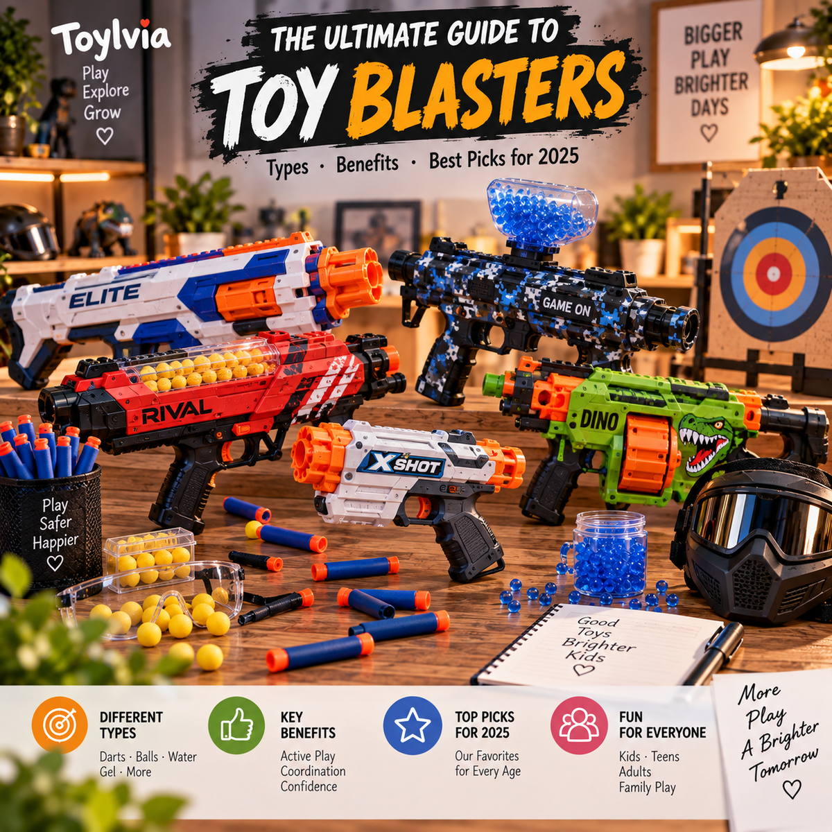 Toy blasters displayed in a bright premium safety-focused guide scene