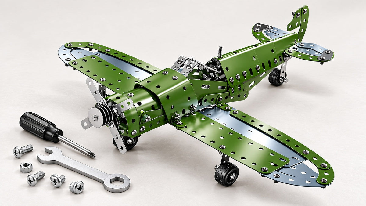 Illustration of the green and silver metal airplane model with its screwdriver, wrench and fastening hardware on a pale tabletop.