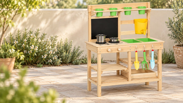 Editorial illustration of the wooden water-tank mud kitchen with green basins and yellow tank on a garden patio.