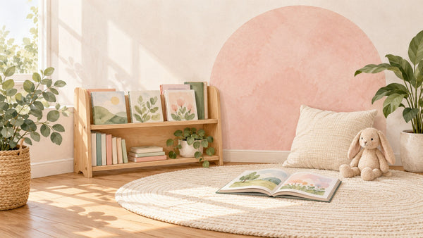 Conceptual reading corner with an open book, low bookshelf, cushion and soft rabbit in blush and sage tones.