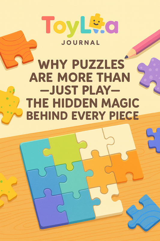 Colorful Toylvia Journal cover featuring puzzle pieces and the title ‘Why Puzzles Are More Than Just Play — The Hidden Magic Behind Every Piece.