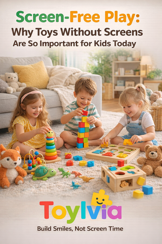 Children enjoying screen-free play with educational wooden toys and puzzles in a cozy home environment – Toylvia