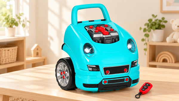 Editorial image of the teal take-apart mechanic workshop toy and red key fob on a wooden playroom table