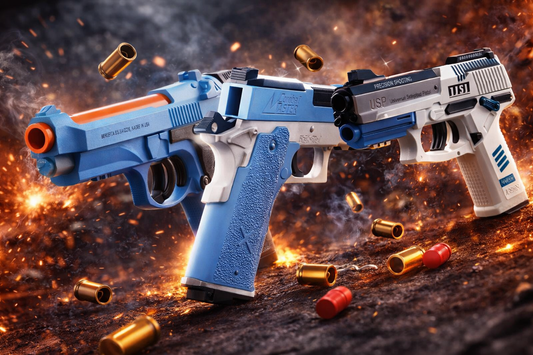 Toylvia USP shell-ejecting soft bullet toy gun in blue and white with realistic shell ejection design