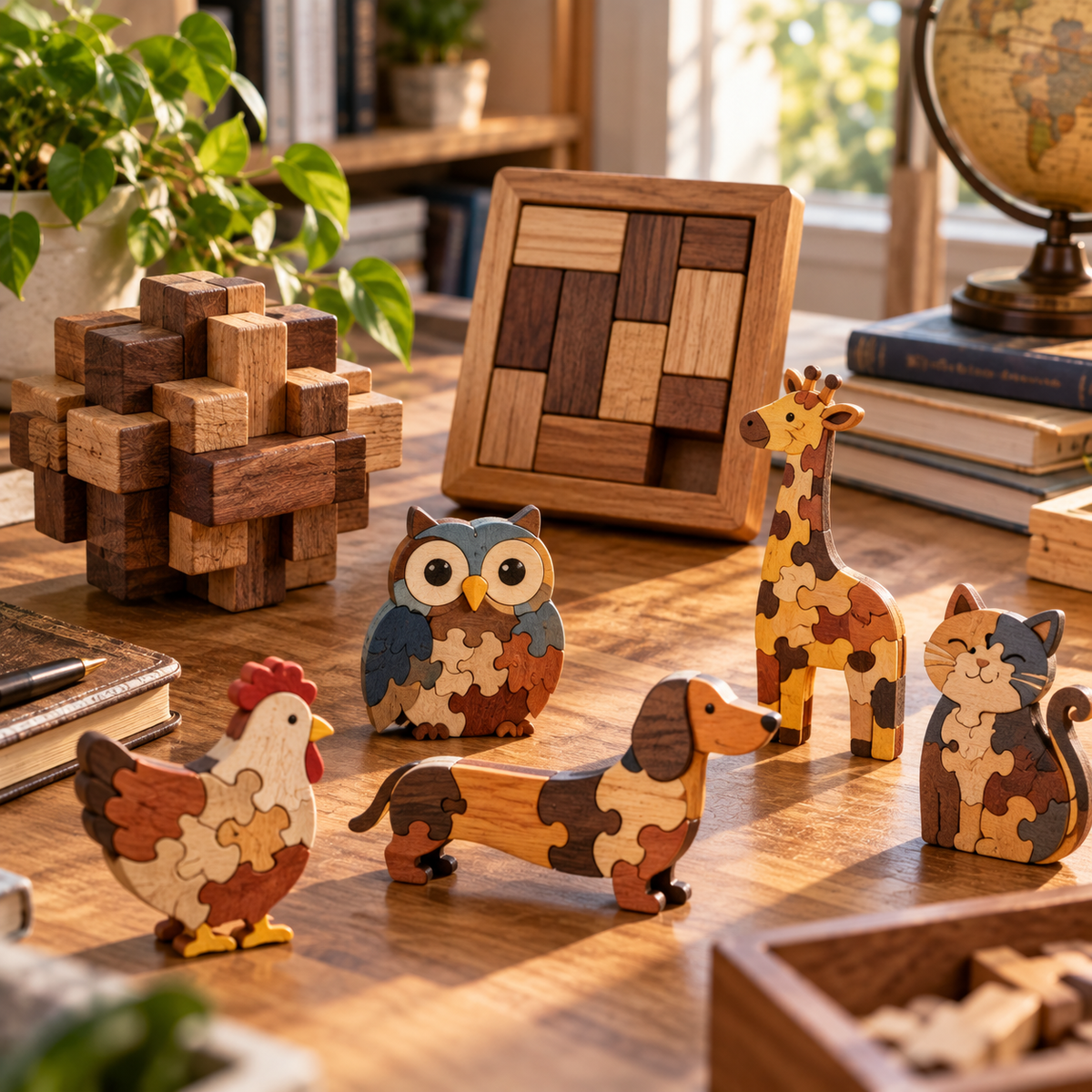 Wooden IQ puzzles and colorful animal jigsaws in a warm study