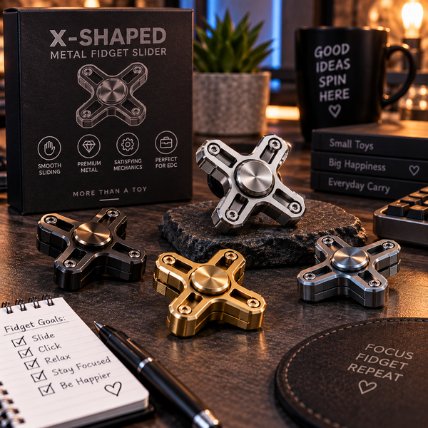 X-shaped metal fidget sliders displayed in a premium workspace scene