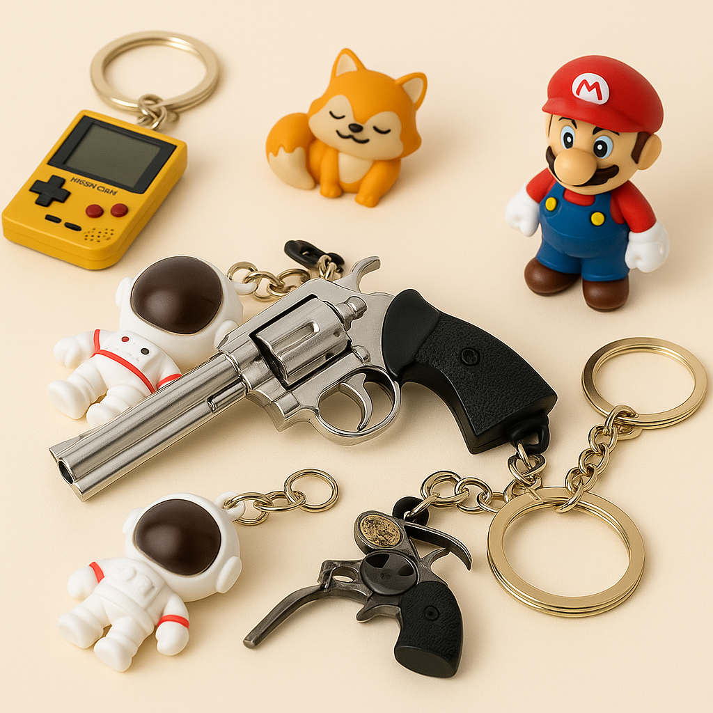 Mini collectible keychains and figures – astronaut, game console, and pets.