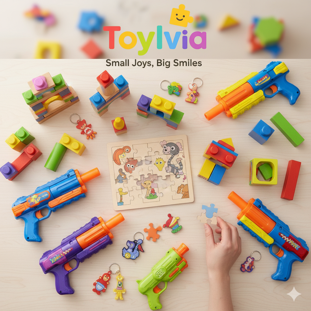 Toylvia Shop All Toys Collection: Diverse range of creative play items including wooden building blocks, jigsaw puzzles, and toy blasters, representing 'Small Joys, Big Smiles