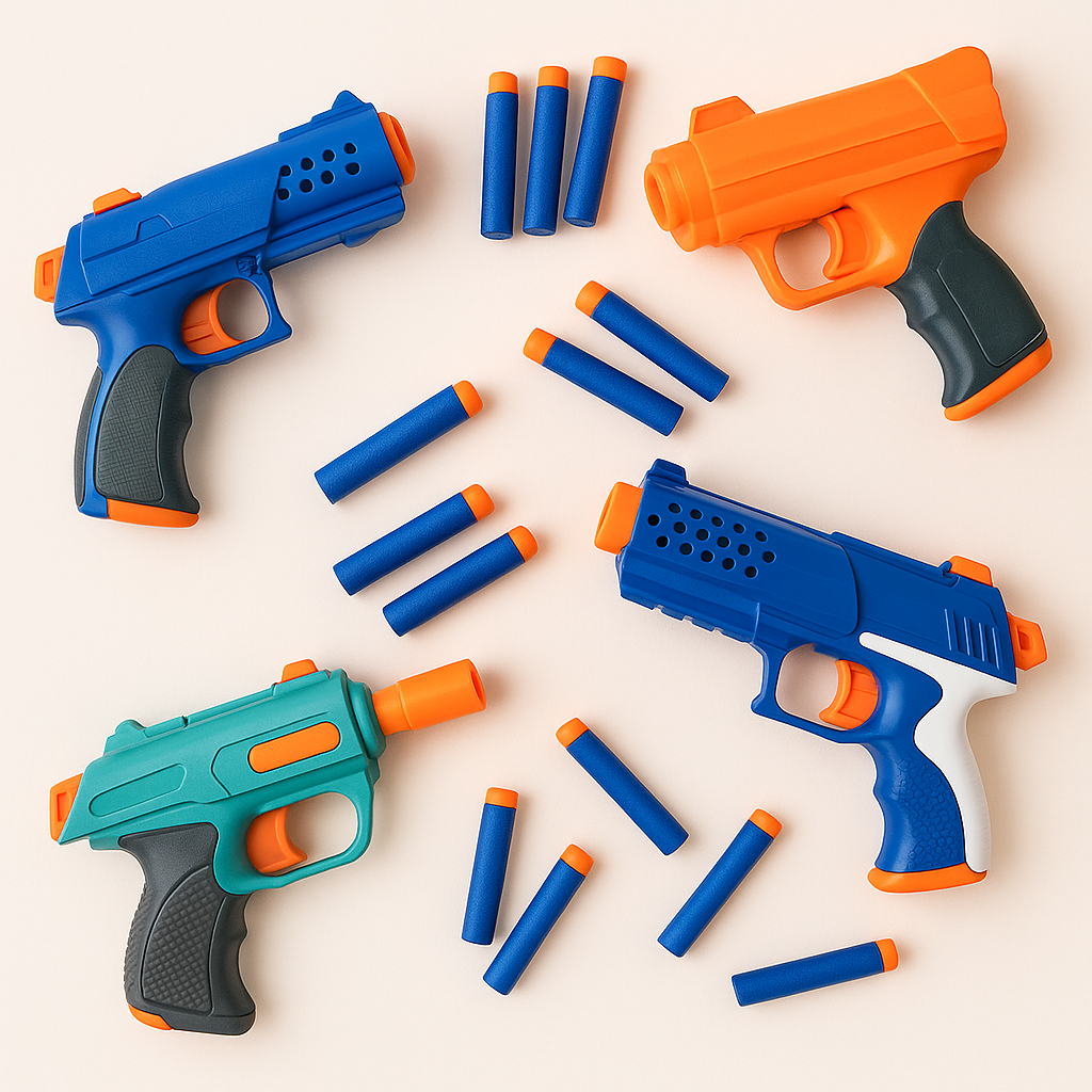 Toy blaster gun set with soft foam darts – safe outdoor play for kids.