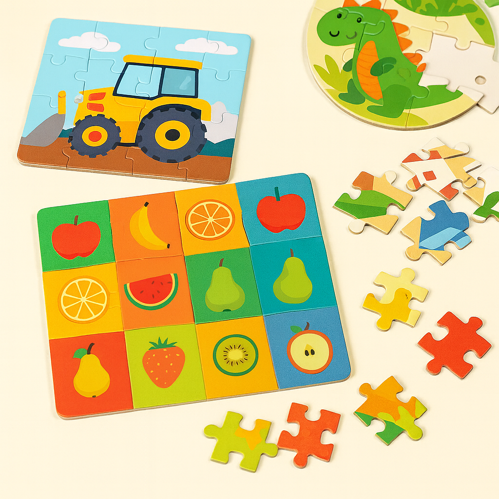 Wooden animal puzzle pieces and IQ brain games – educational play toys.