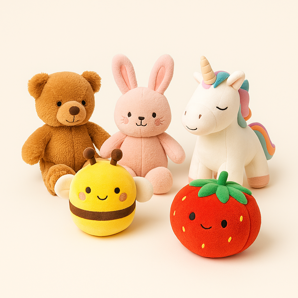 Cute plush toys including bear, bunny, and unicorn – cozy cuddle collection.