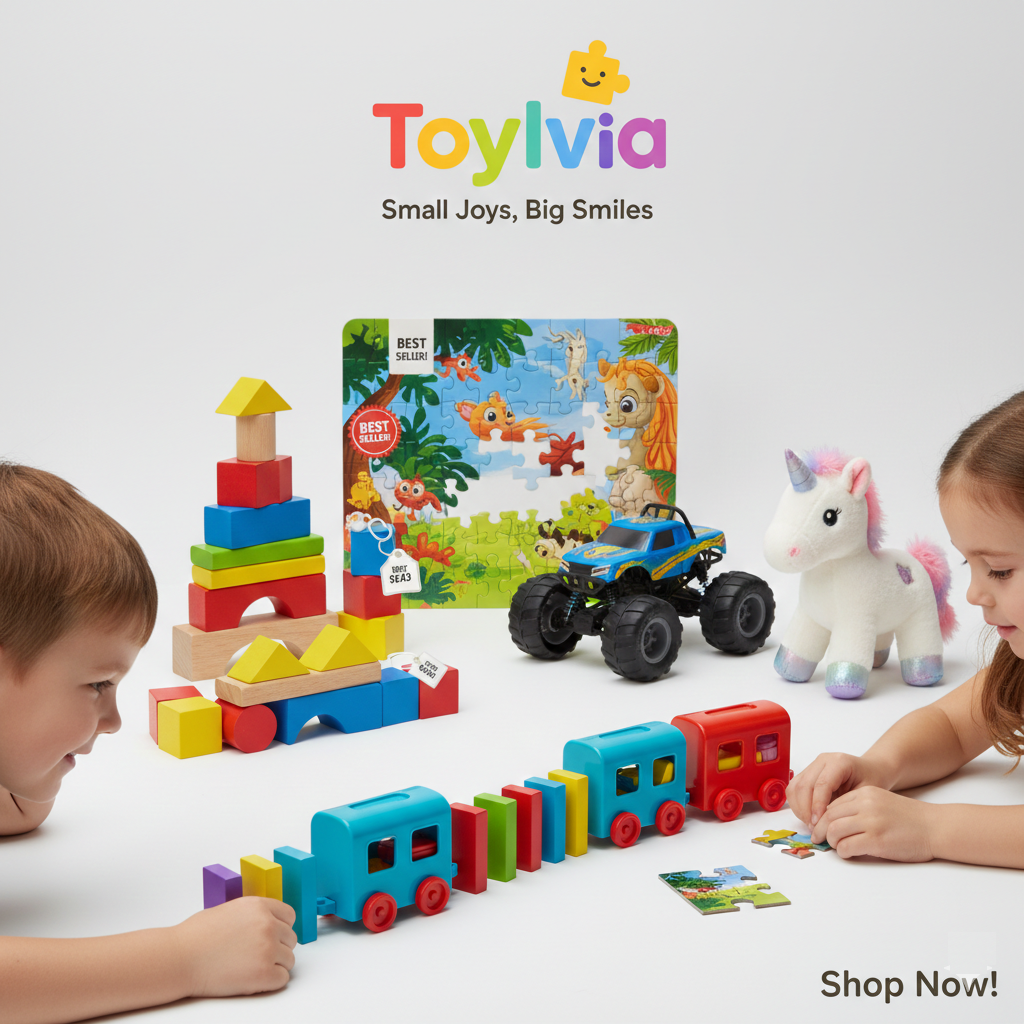 Two children playing with Toylvia's best-selling toys, including a domino train, building blocks, and puzzles.