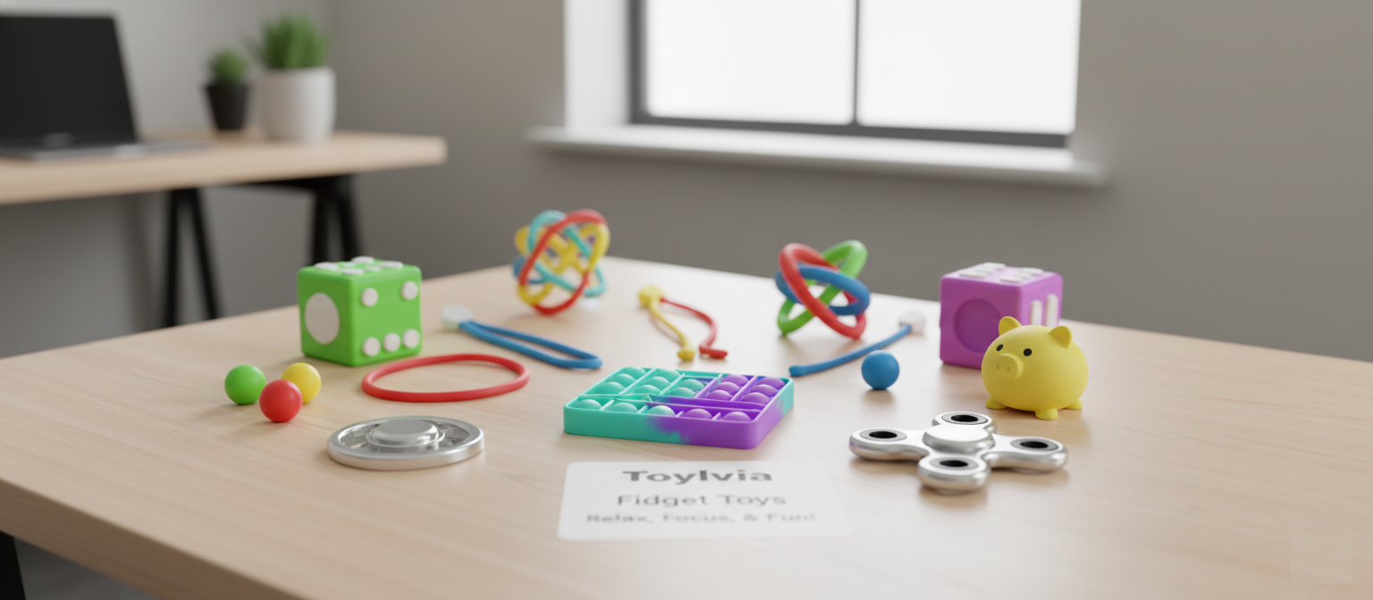 A collection of Toylvia fidget toys including a pop-it, spinner, fidget cubes, and sensory rings arranged on a wooden desk in a modern office or study setting.