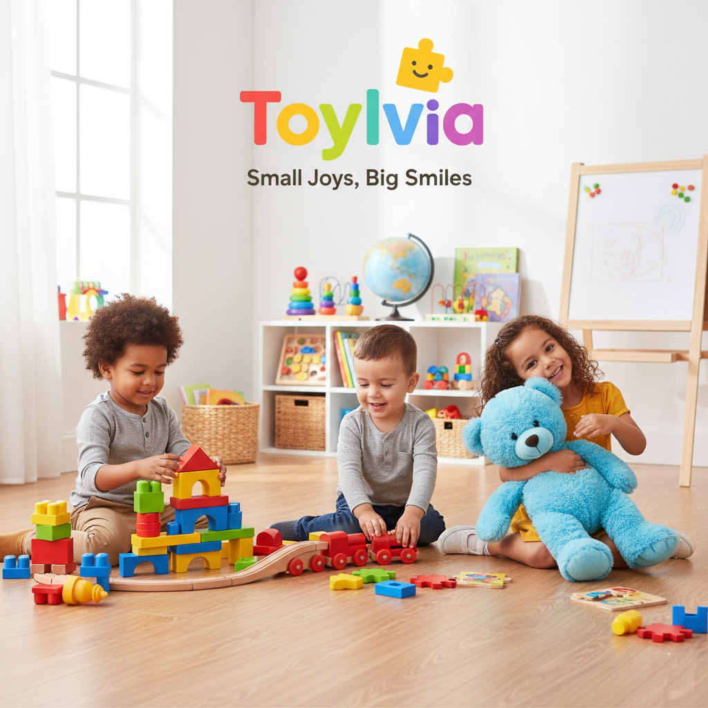 Three children playing with a variety of Toylvia kids' toys including building blocks, a wooden train, and a plush teddy bear