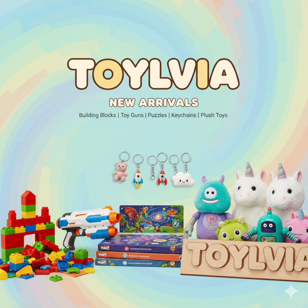 Toylvia New Arrivals featuring a mix of colorful building blocks, a toy gun, plush unicorn and monster toys, keychains, and puzzle boxes