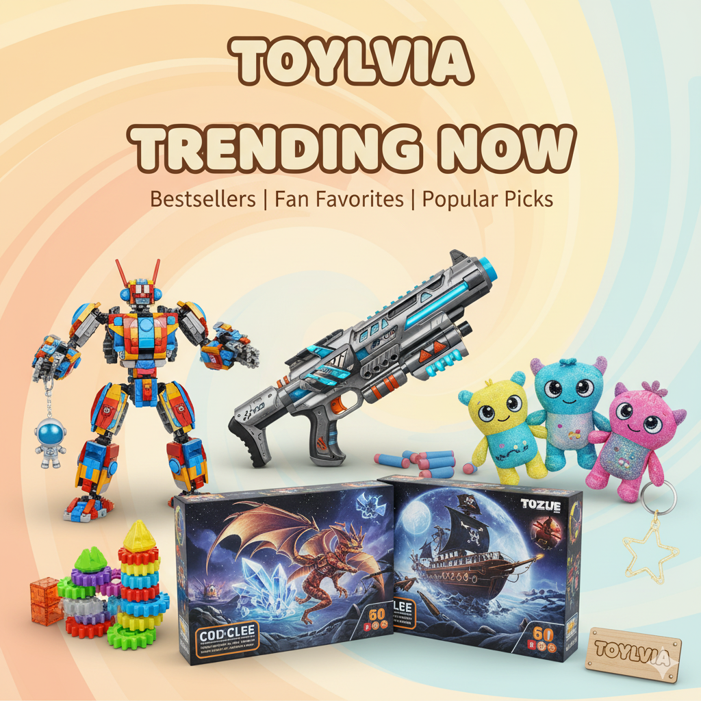 Toylvia Trending Now section banner featuring popular toys, including colorful building blocks, a blaster toy gun, various plush toys like unicorns and a robot, and boxed puzzles