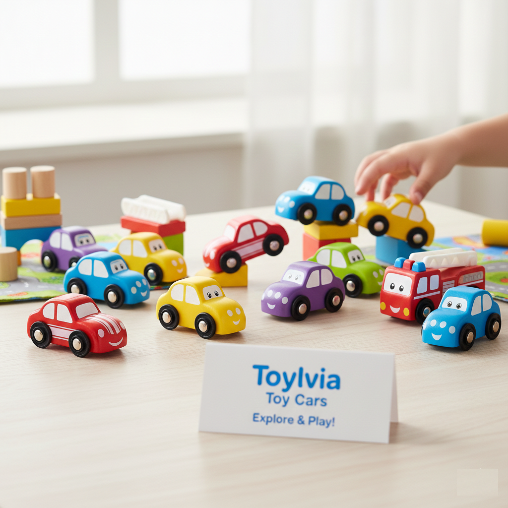 A colorful collection of Toylvia brand wooden toy cars, including a red fire truck and various smiley-faced vehicles, arranged on a table with a child's hand in a bright playroom.