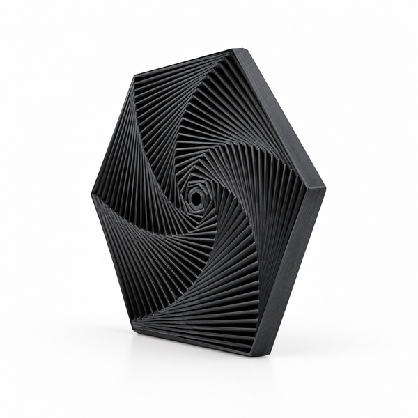 3D printed hexagonal tower fidget in black, standing upright at a three-quarter angle on white