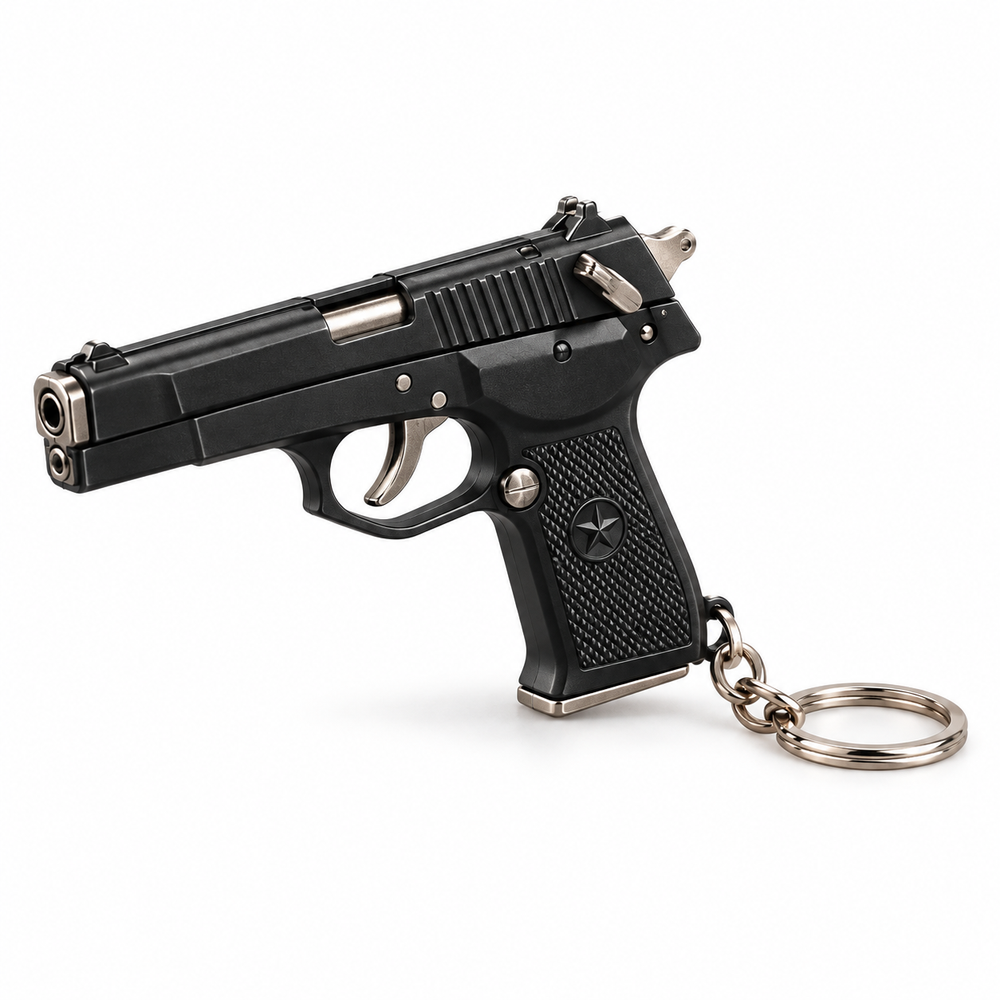 Black QBZ92 miniature metal keychain, three-quarter left hero view.