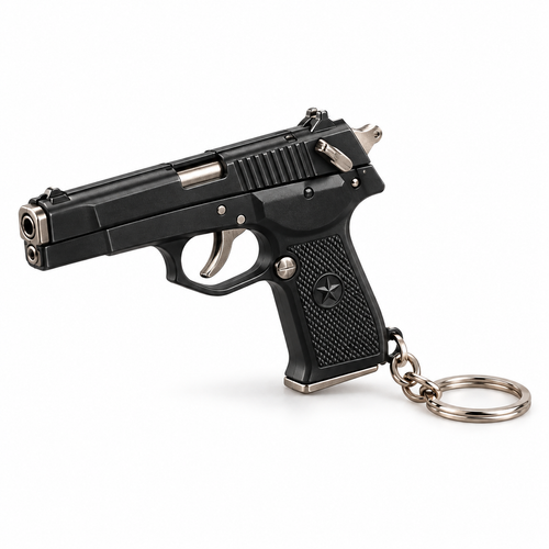 Black QBZ92 miniature metal keychain, three-quarter left hero view.