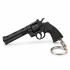 Black miniature alloy revolver keychain, left-facing three-quarter hero view.