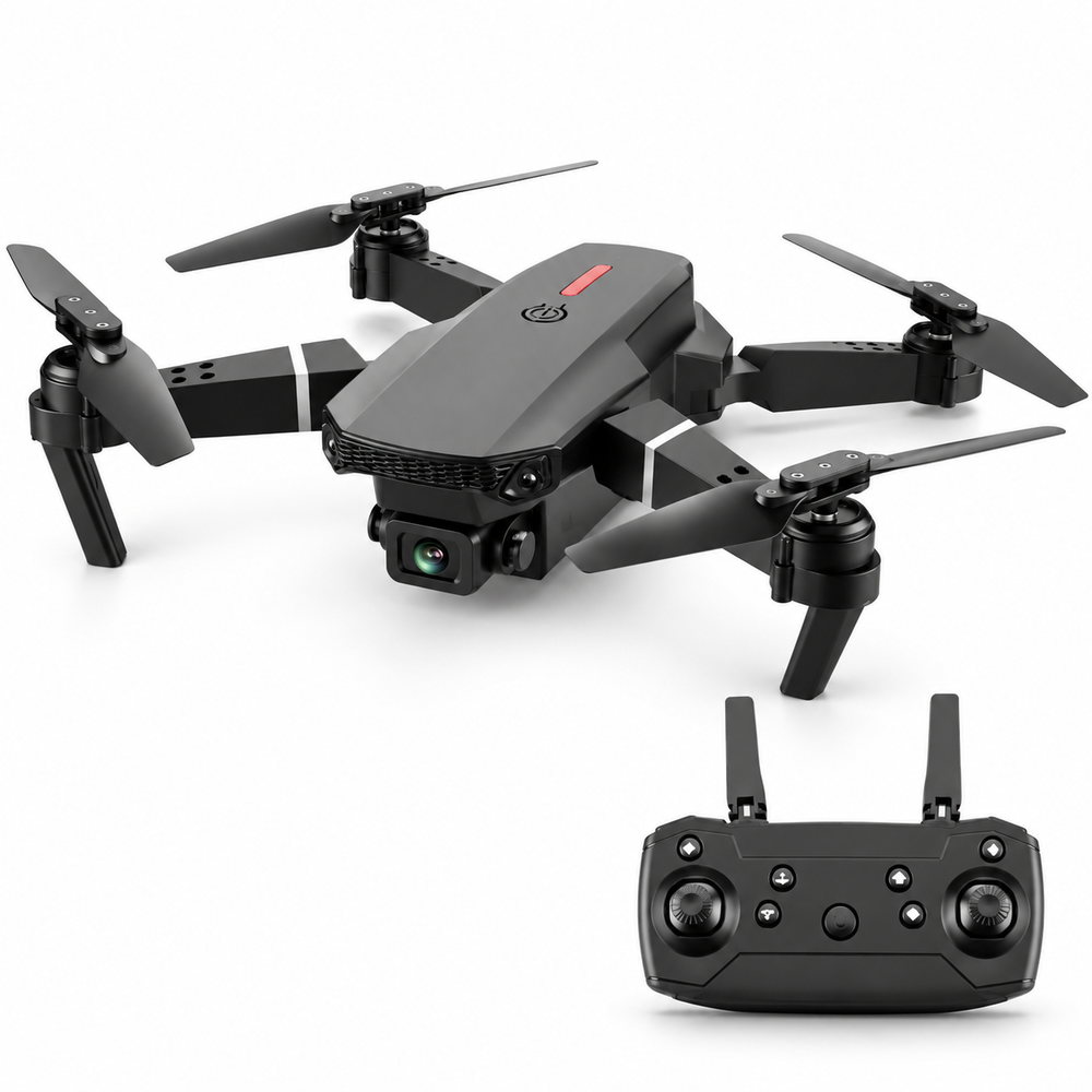 E88 Pro drone with matching controller, left-facing three-quarter hero view.