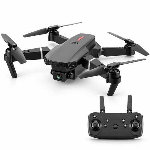 E88 Pro drone with matching controller, left-facing three-quarter hero view.
