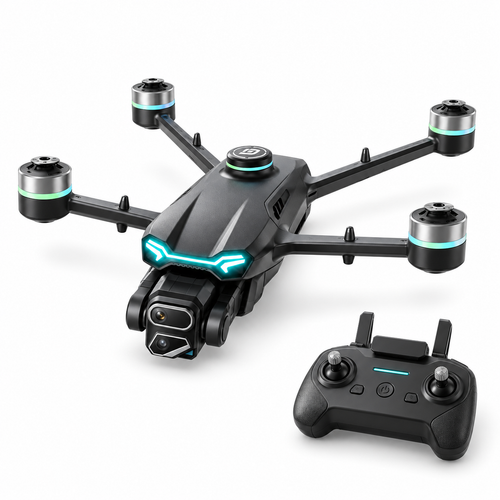 Black GT6 GPS drone and matching controller, left-facing three-quarter hero view.
