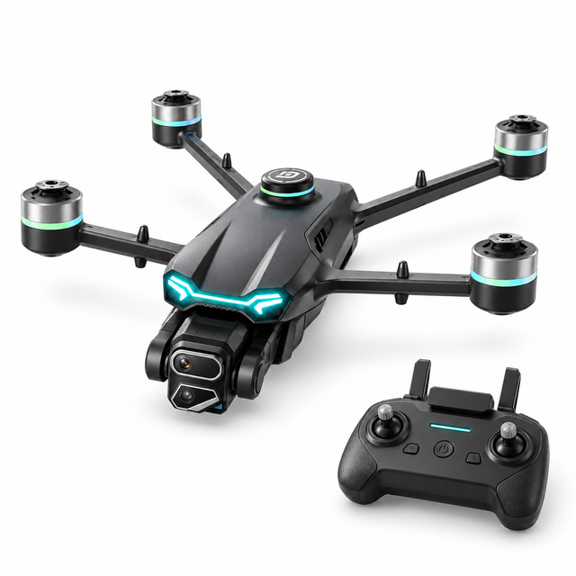 Black GT6 GPS drone and matching controller, left-facing three-quarter hero view.