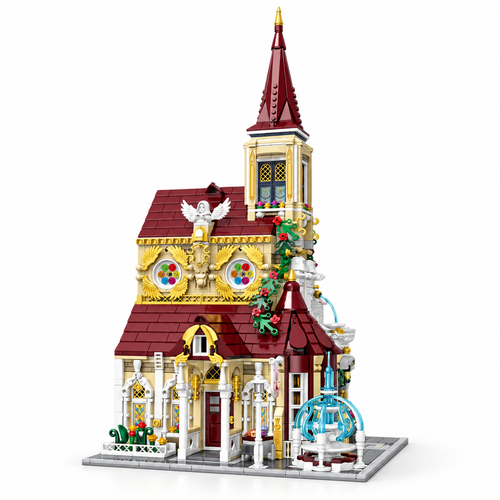 Rosary Abbey church building-block set, complete front three-quarter view