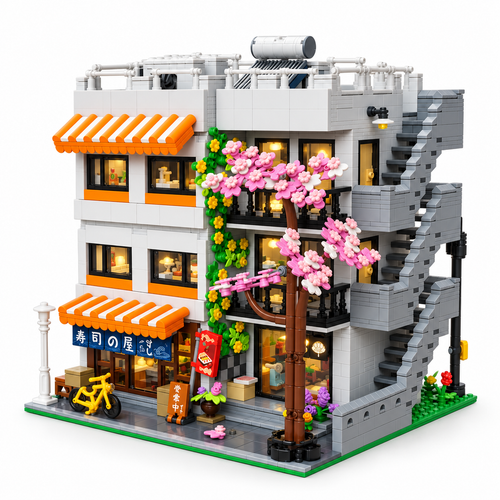 Japanese Sushi Shop building-block set, full front three-quarter view