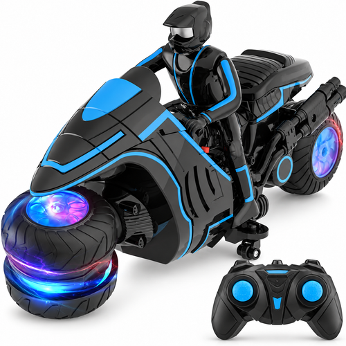 rc-off-road-dirt-bike-rgb-led-wheels-detachable-rider: left-facing three-quarter studio hero with matching controller.