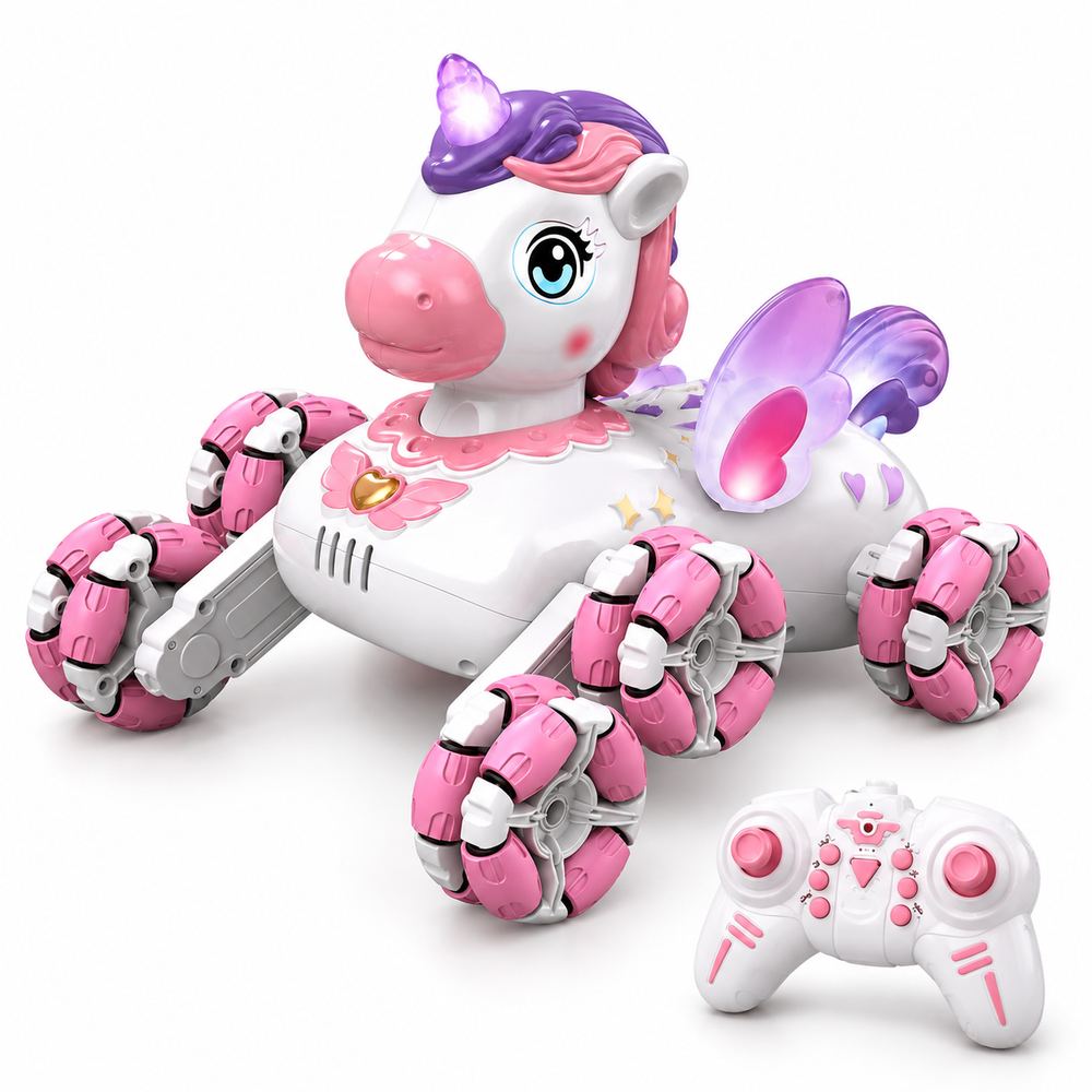 8-wheel-unicorn-rc-stunt-car-mecanum-wheels-swing-arms: left-facing three-quarter studio hero with matching controller.