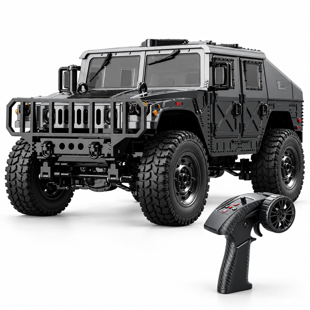 4wd-rc-military-crawler-cannon-winch-ready-swat-black: left-facing three-quarter studio hero with matching controller.