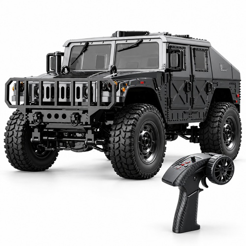 4wd-rc-military-crawler-cannon-winch-ready-swat-black: left-facing three-quarter studio hero with matching controller.