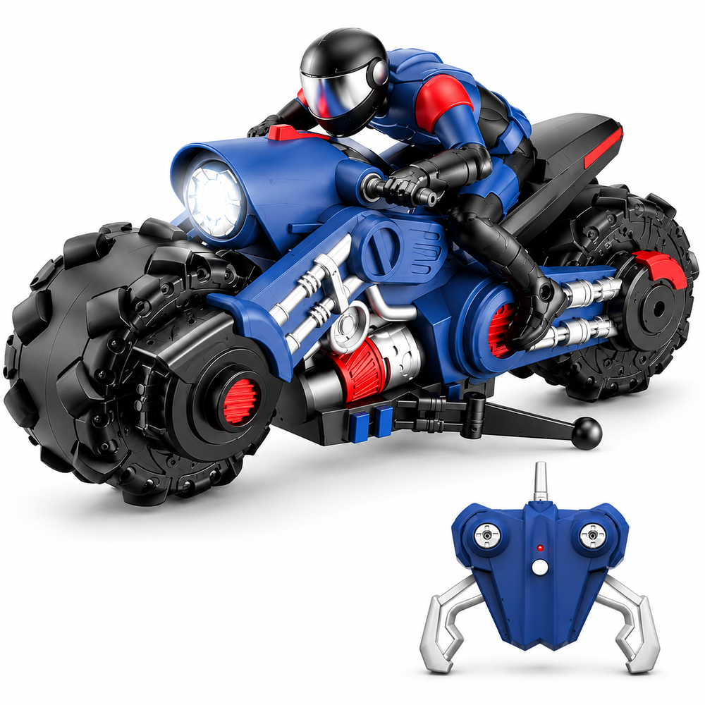 scale-rc-stunt-drift-motorcycle-omni-wheels-rider-blue: left-facing three-quarter studio hero with matching controller.