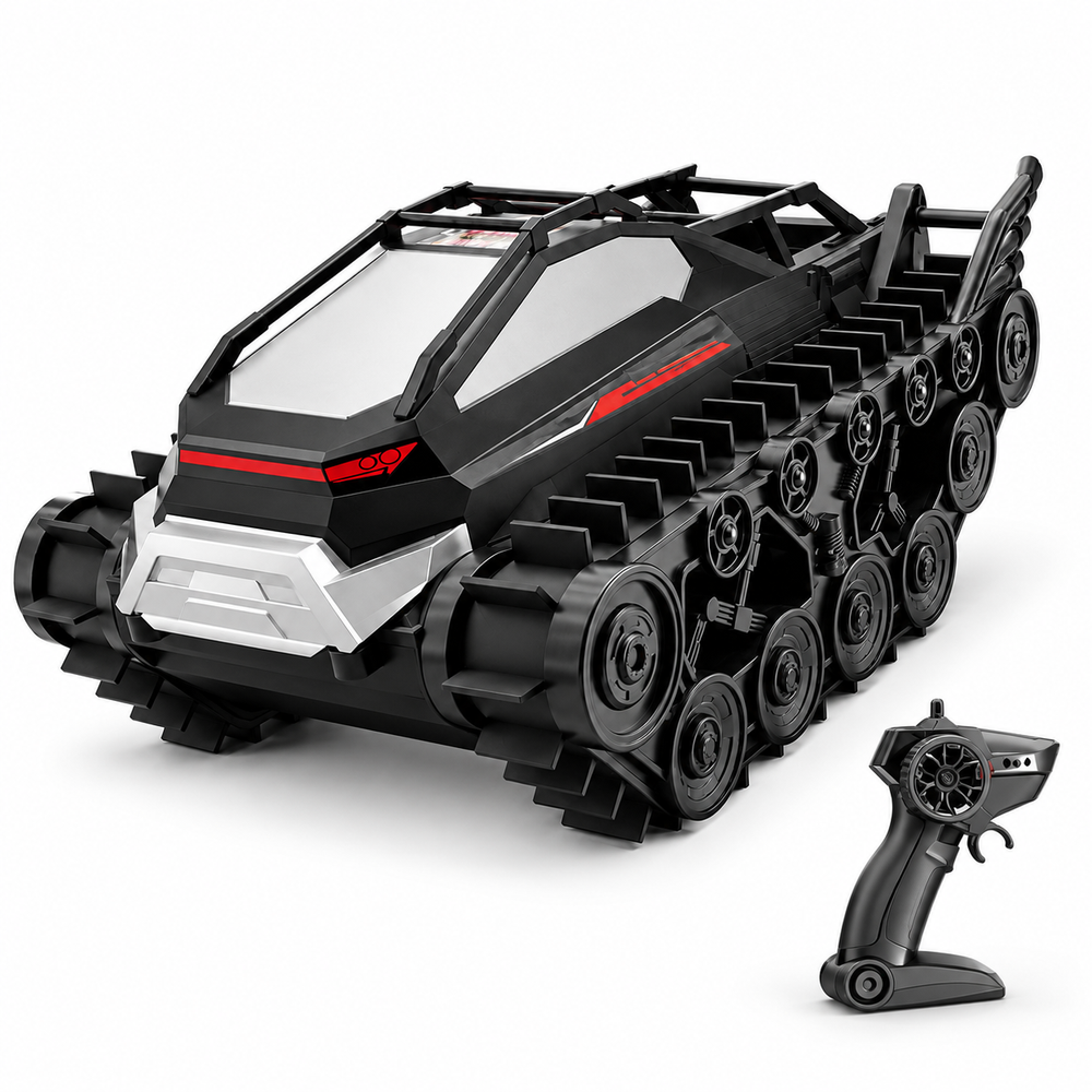 amphibious-tracked-tank-childrens-all-terrain-rc-vehicle: left-facing three-quarter studio hero with matching controller.