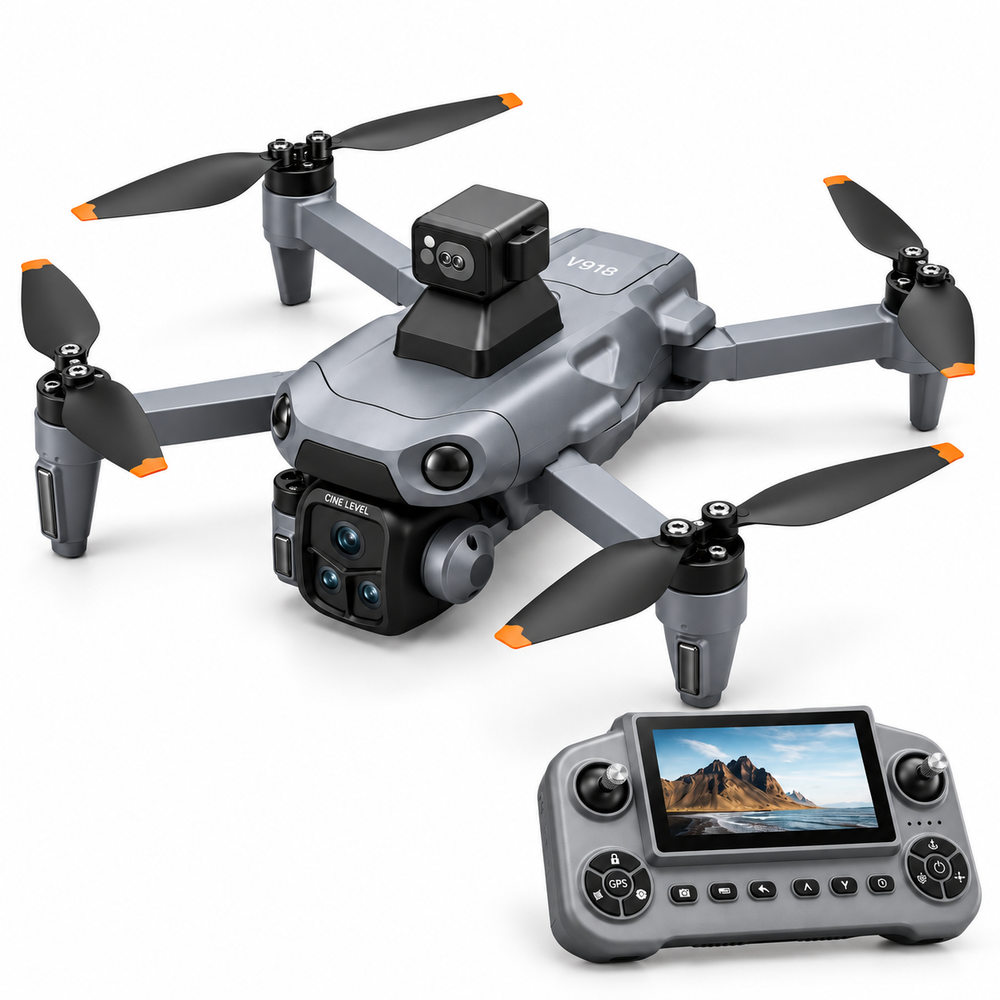 V918 Max GPS drone with 5G screen remote at bottom-right on white