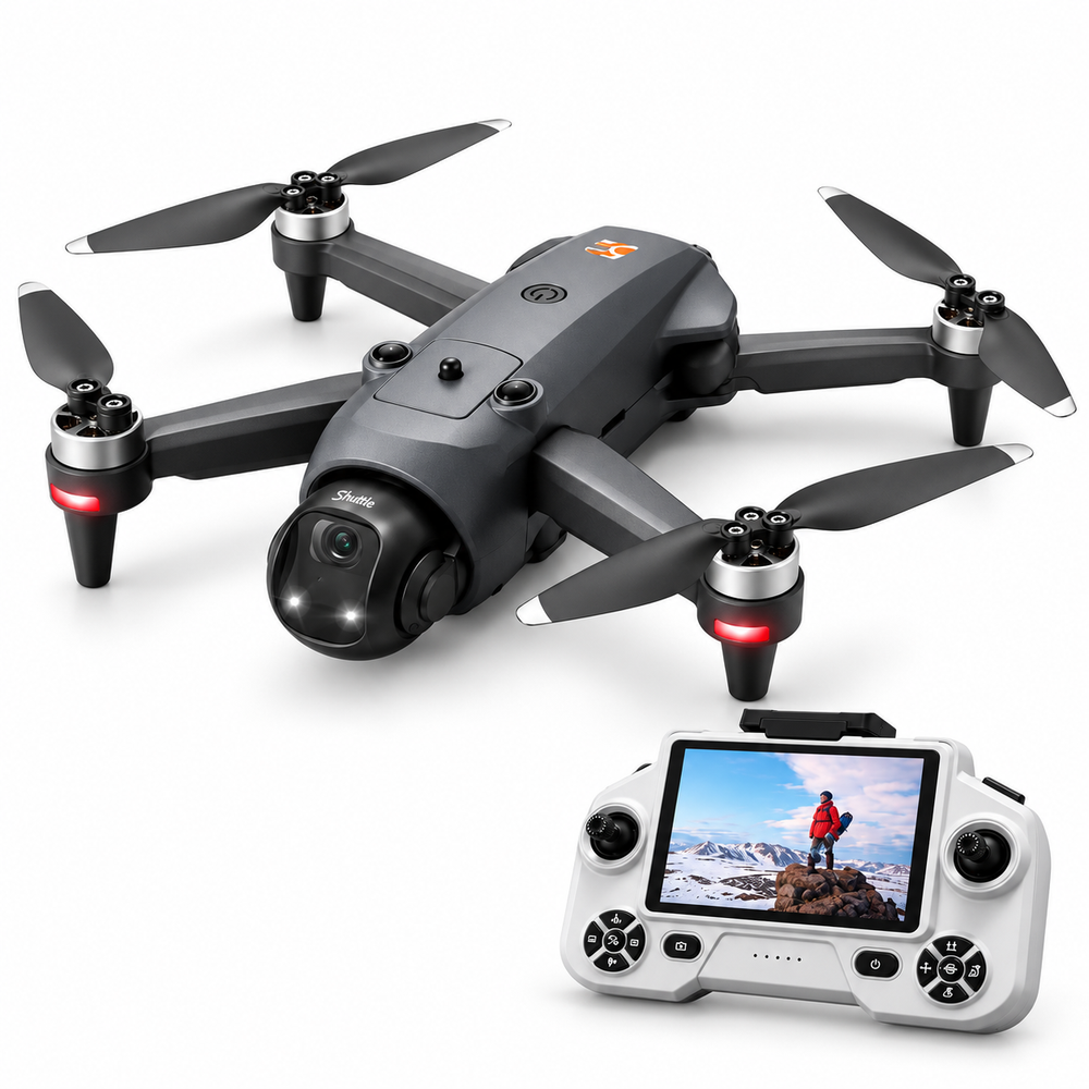 YL059 GPS drone with white screen remote at bottom-right on white