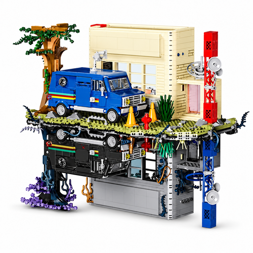 Upside Down Radio Station building-block set shown in its stacked two-world configuration