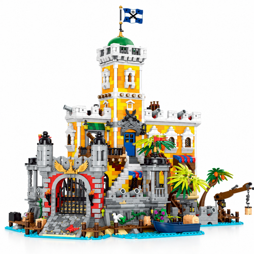 Pirate Harbour medieval castle building-block set, full front three-quarter view