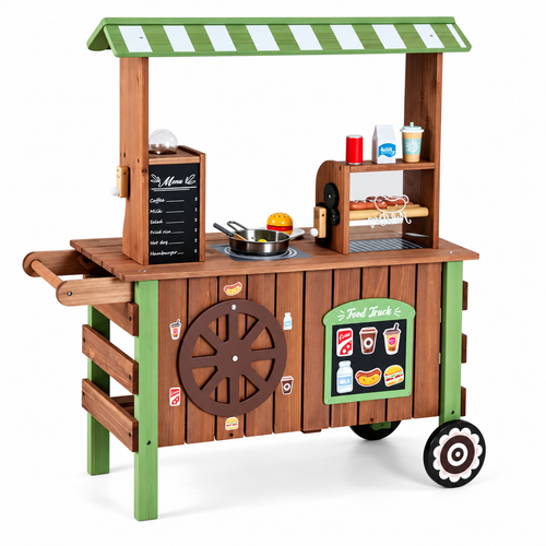 Wooden play food truck cart with green striped canopy, sage supports, prize wheel, menu board and serving shelves on white.