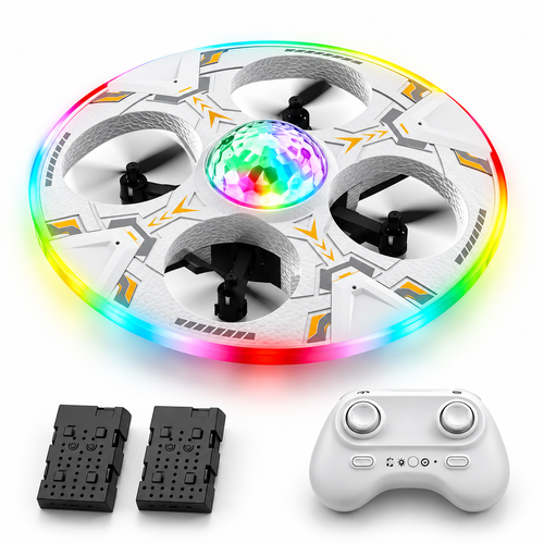 White four-rotor RC UFO drone with multicolor LED rim, matching remote controller, and two batteries on a white studio background.