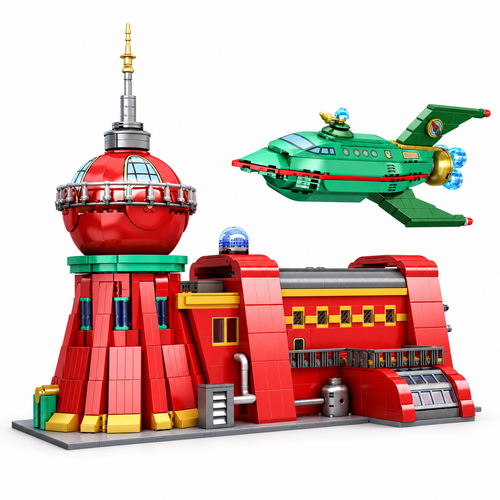 2574-piece red retro-futuristic science lab building-block set with round observation tower, silver antenna, and separate green-and-white shuttle with blue engine details.