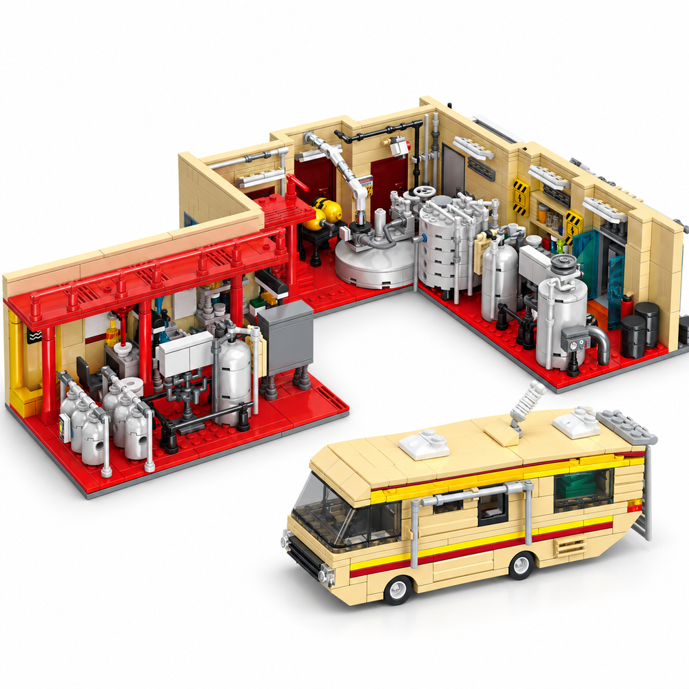 1471-piece modular industrial chemistry lab building-block set with matching cream camper van, red floor, tan walls, silver lab equipment and red/yellow van stripes. Full set on a clean white background.