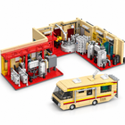 1471-piece modular industrial chemistry lab building-block set with matching cream camper van, red floor, tan walls, silver lab equipment and red/yellow van stripes. Full set on a clean white background.