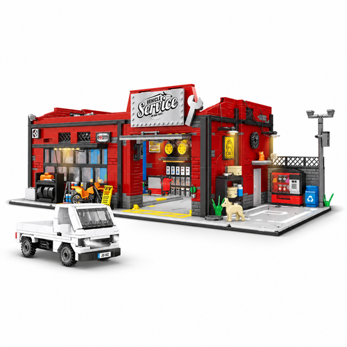 Red and charcoal-gray vehicle service garage building block set with white service pickup and tan dog on a white background.