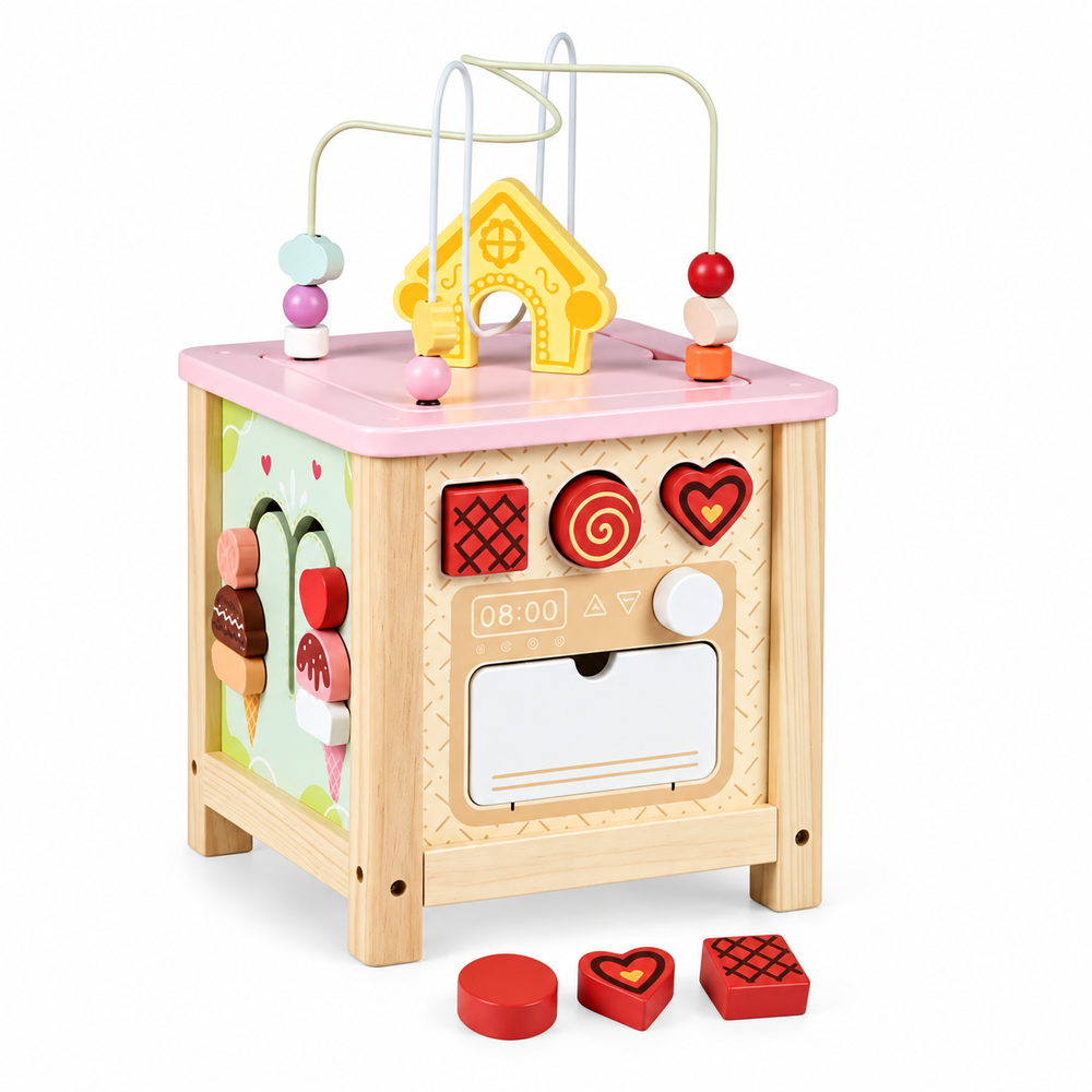 Wooden Montessori activity cube with pastel bead maze, yellow house center, pretend oven and removable red blocks.